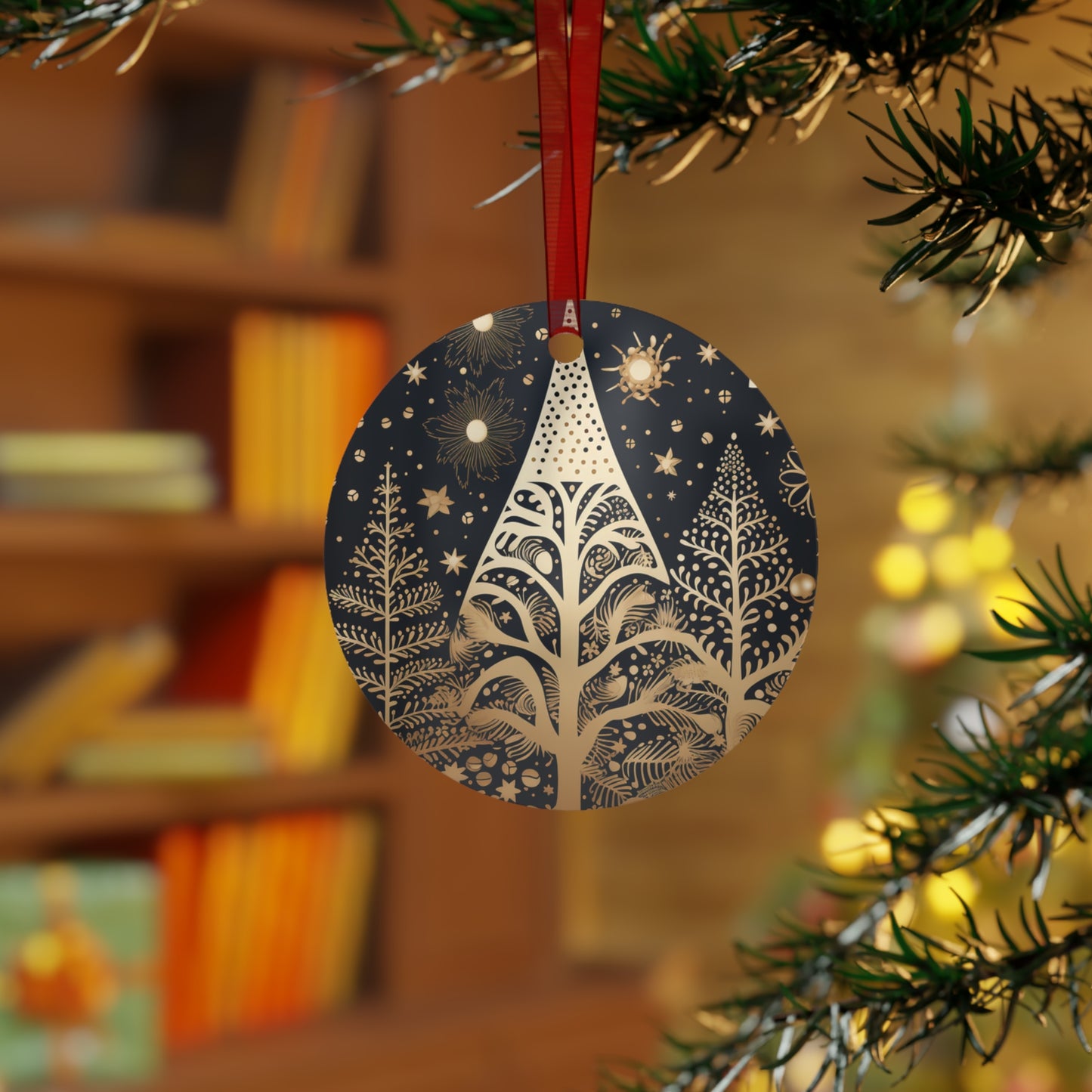 Elegant Gold and Black Christmas Tree Ornament  | Christmas Tree Ornament | Aluminum | ( Available in 4 shapes - Bell, Tree, Round and Oval)