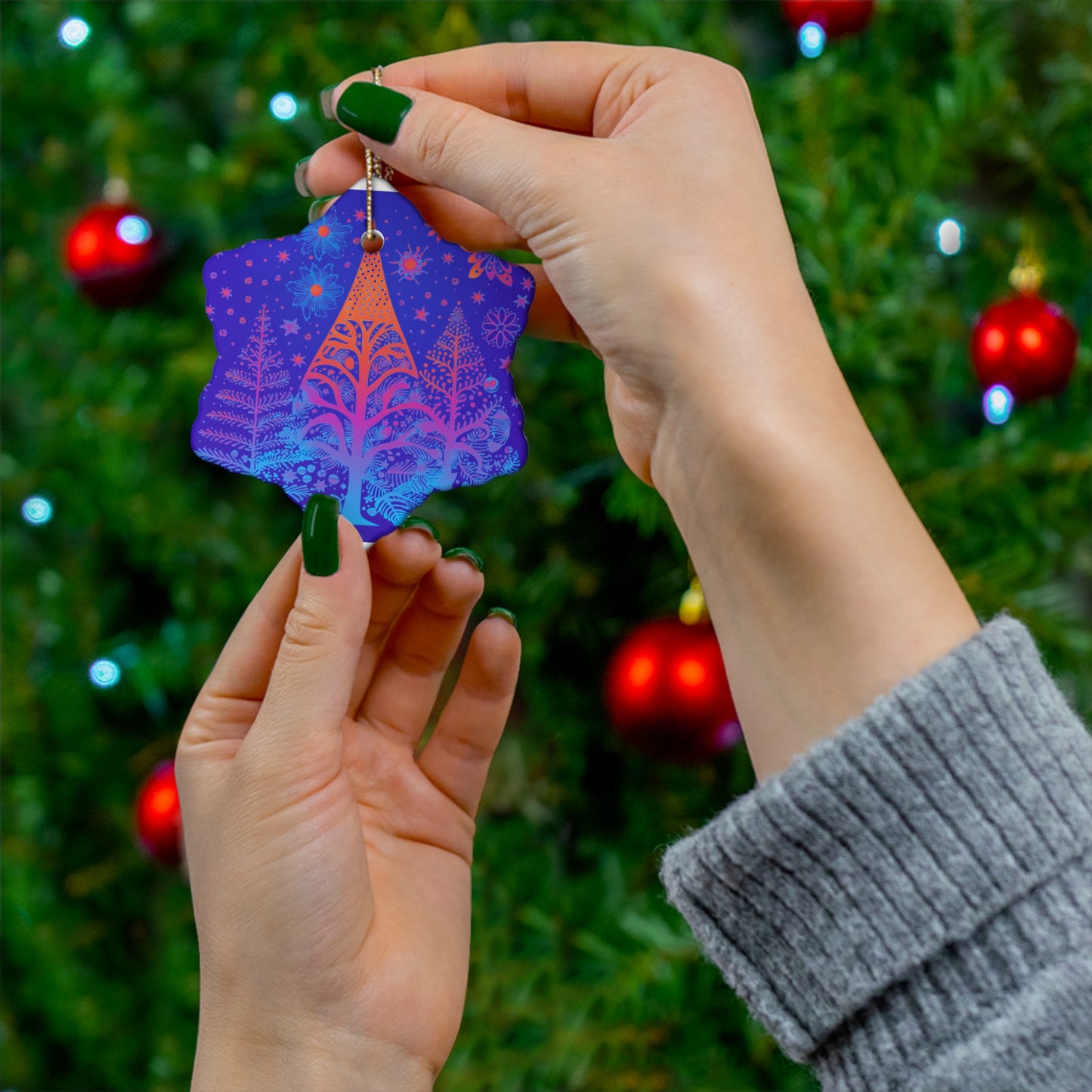 Purple and blue Christmas Trees  | Christmas Tree Ornament | Ceramic Ornament | ( Available in 4 shapes - Snowflake, Star, Heart and Circle)