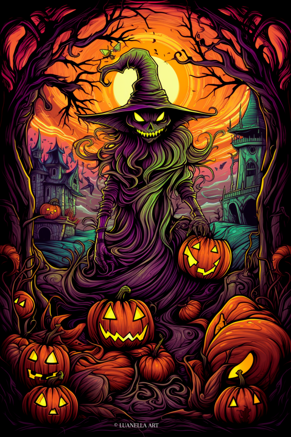 Witch, carved pumpkins and haunted houses | Halloween Art Print | Instant Digital Download