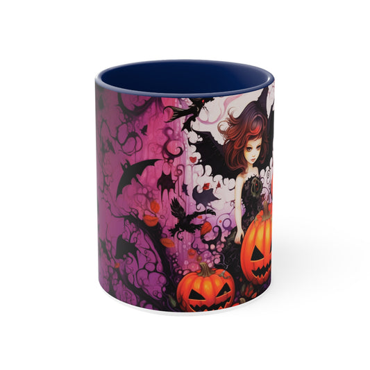 Bat girl with pumpkins and bats | Original Art| Accent Coffee Mug, 11oz