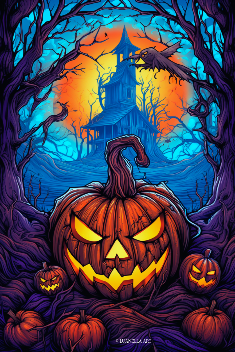 Carved pumpkins and haunted house | Halloween Art Print | Instant Digital Download