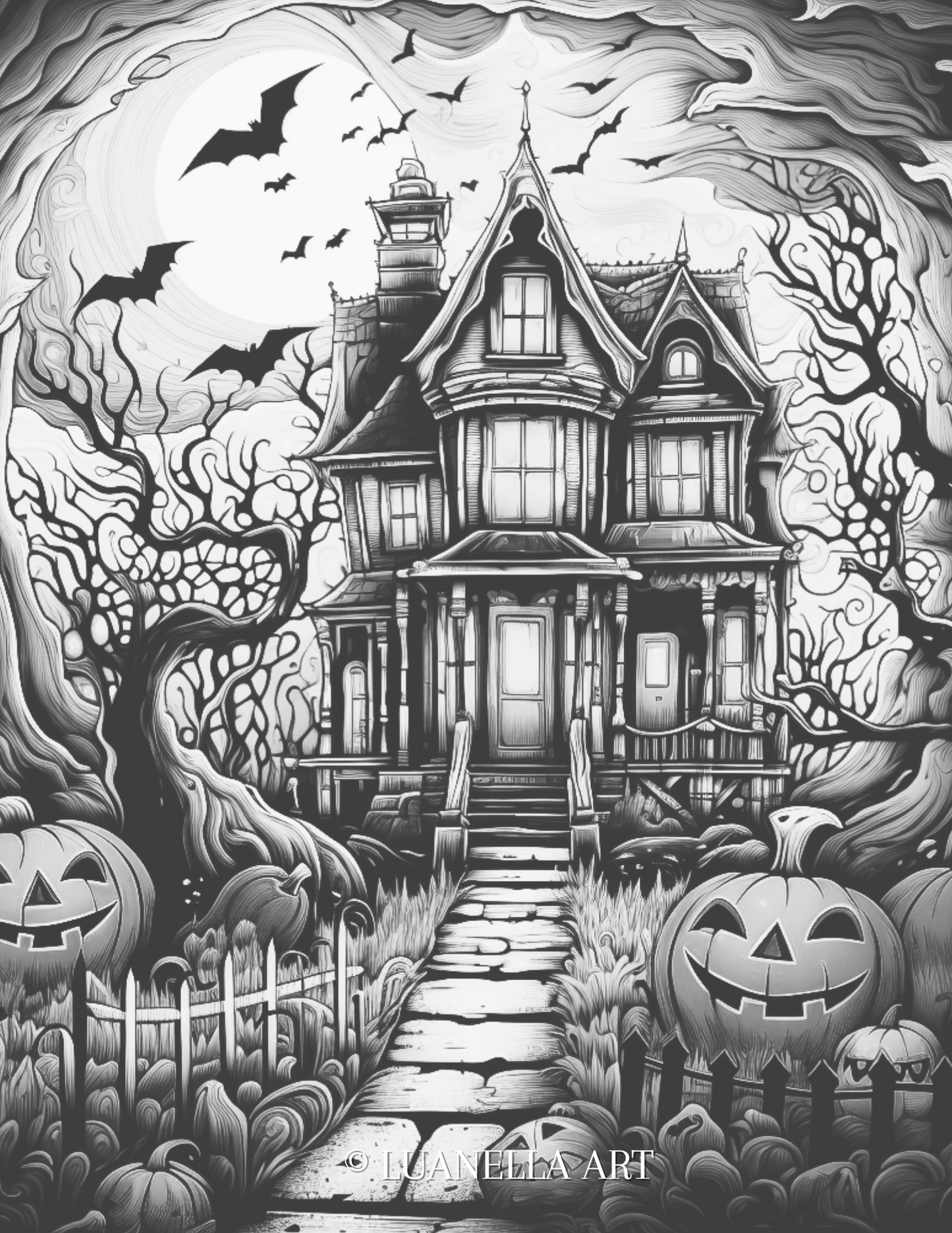 Witch's house with pumpkins | Coloring Page | Instant Download