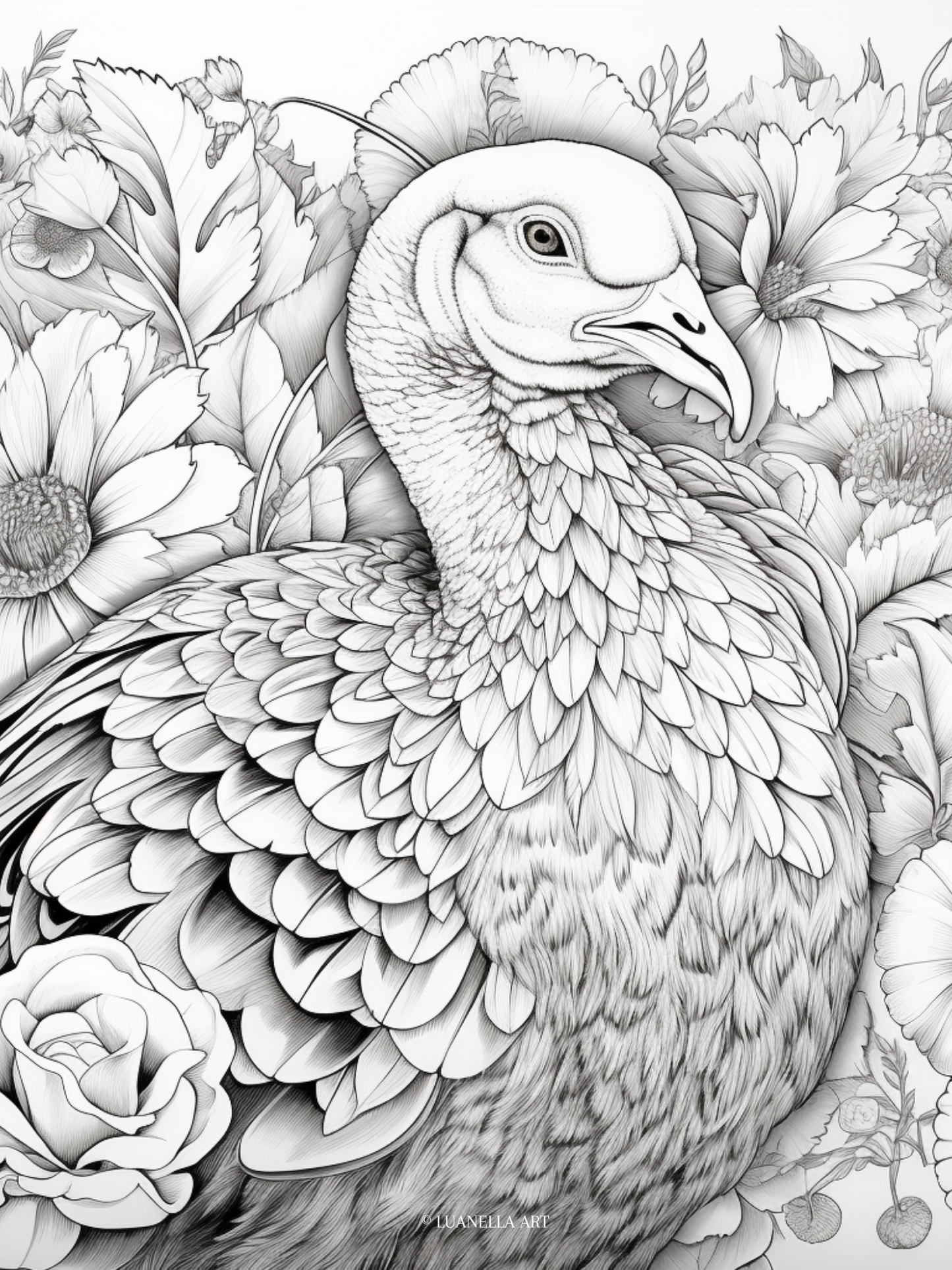 Turkey with flowers in background | Coloring Page | Instant Digital Download