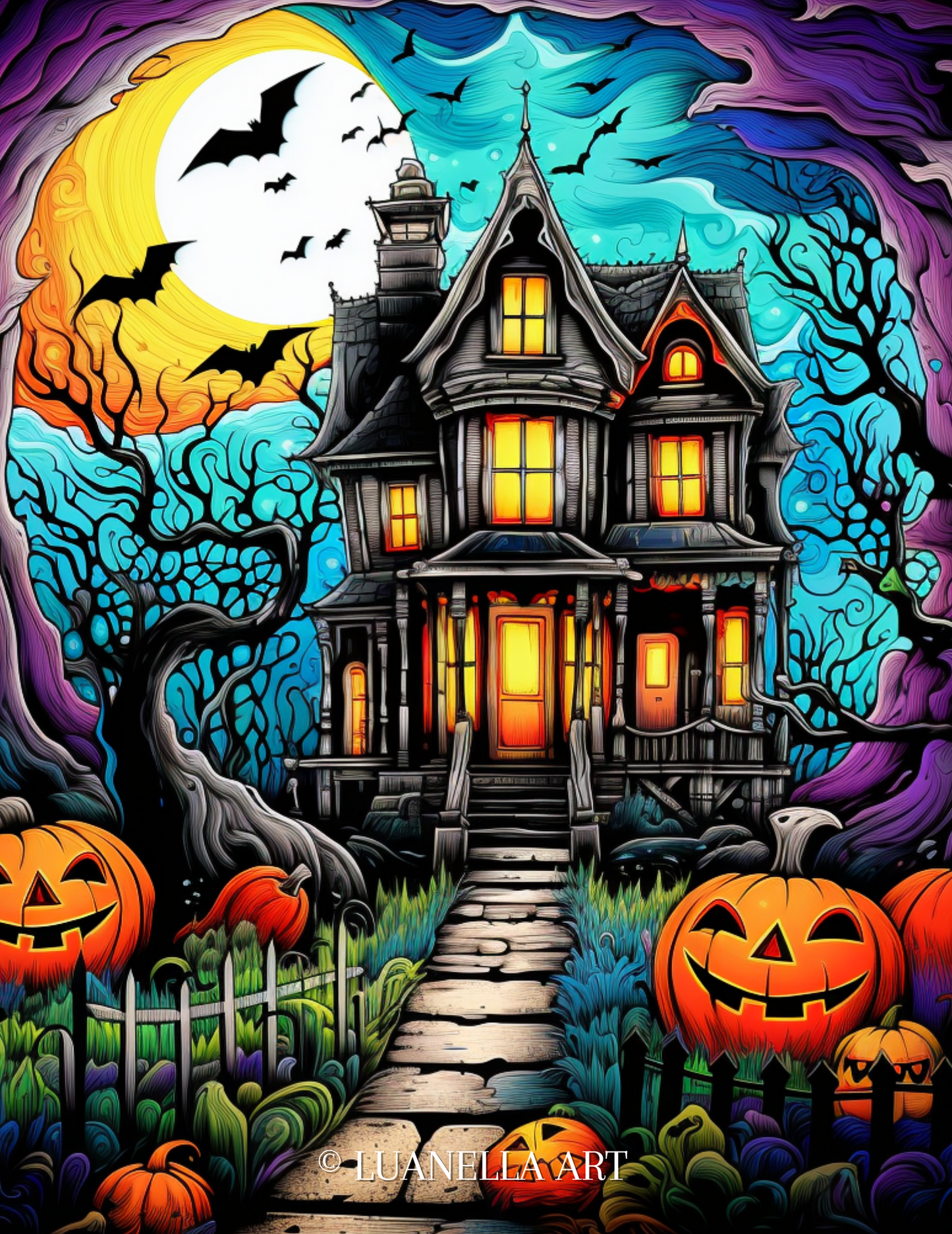Witch's house with pumpkins | Coloring Page | Instant Download