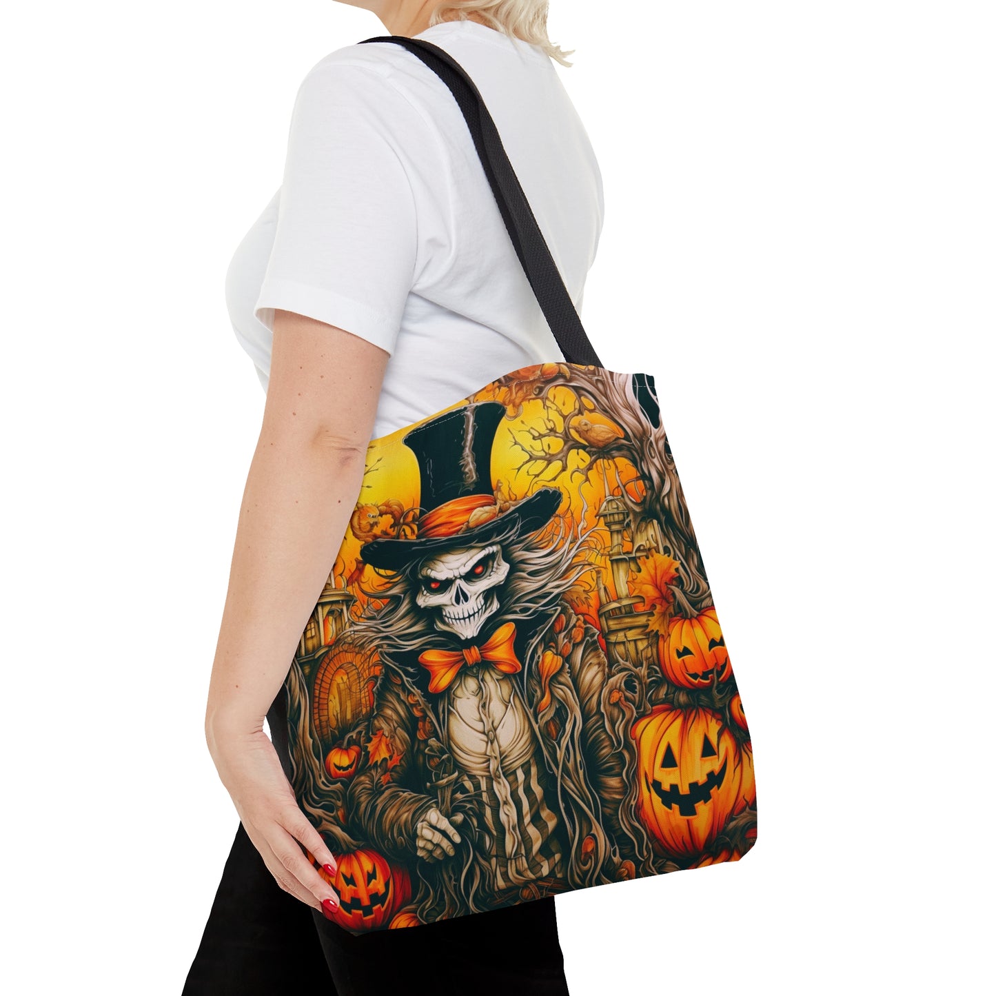 Halloween Skeleton Ghost and pumpkins | Original Art |Tote Bag | All over print, 2 sided