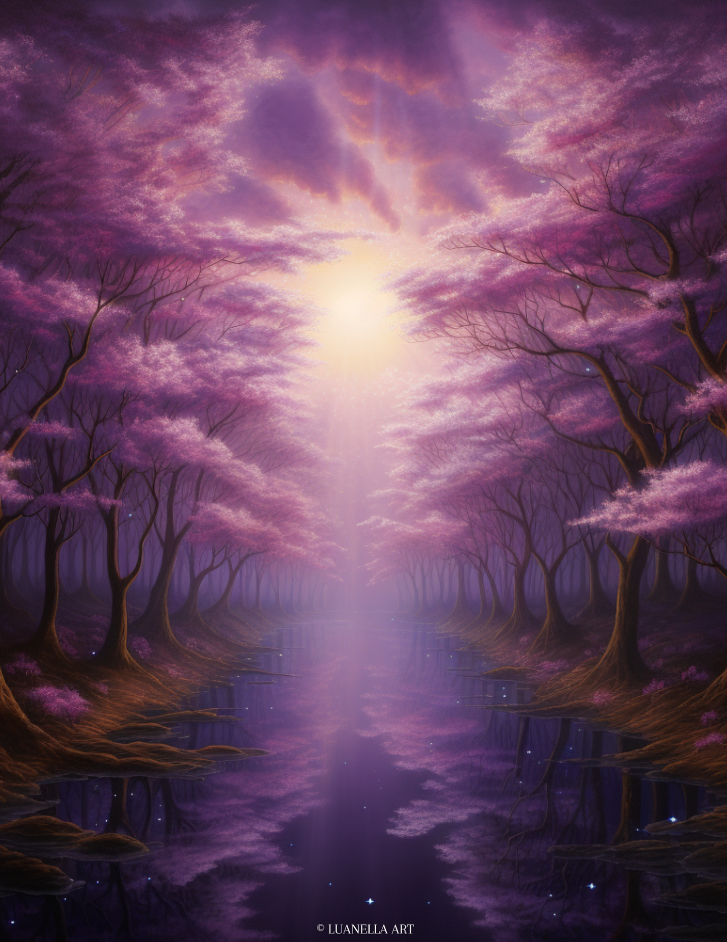 Beautiful pathway leading to purple trees and atmospheric sky  | Art Print | Instant Digital Download