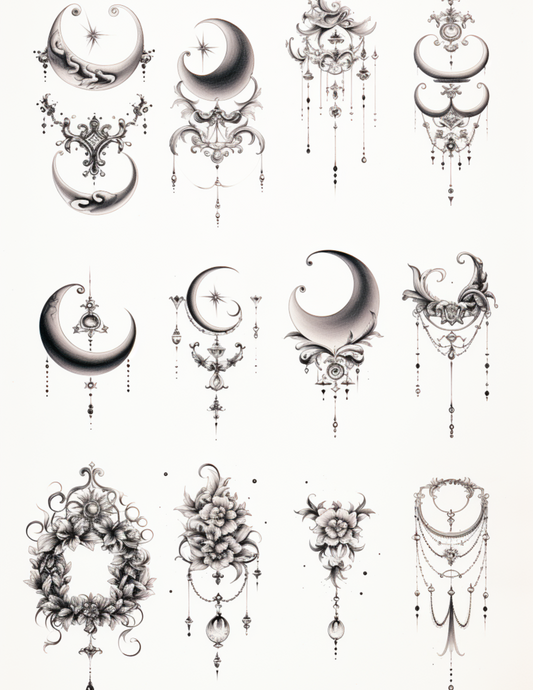 Moon and decorative small tattoo patterns |Tattoo Aesthetic | Instant download PNG