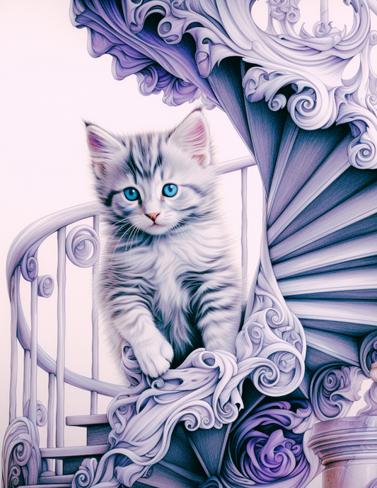 Most Adorable blue eyed cat on intricate staircase | Original Art Print | Instant download PNG