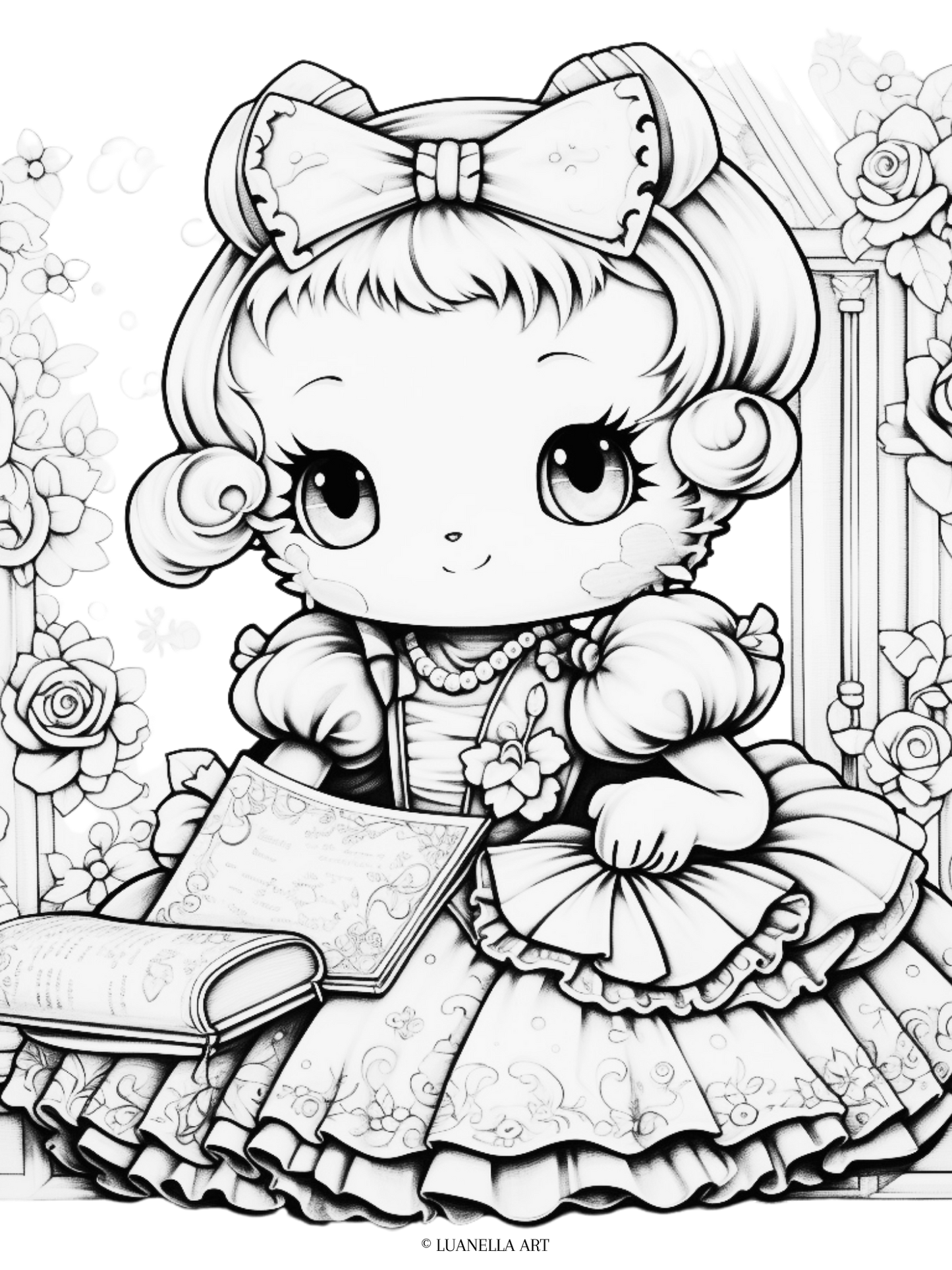 Confident Sanrio girl in ballgown | Coloring Page | Instant Digital Download