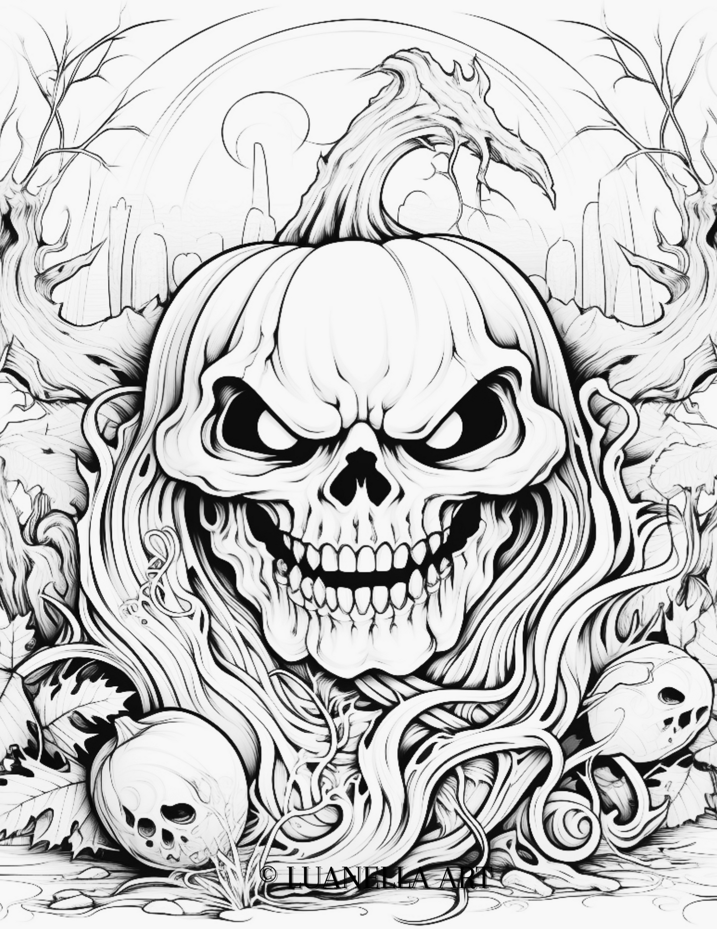 Scary skeleton pumpkin coloring page