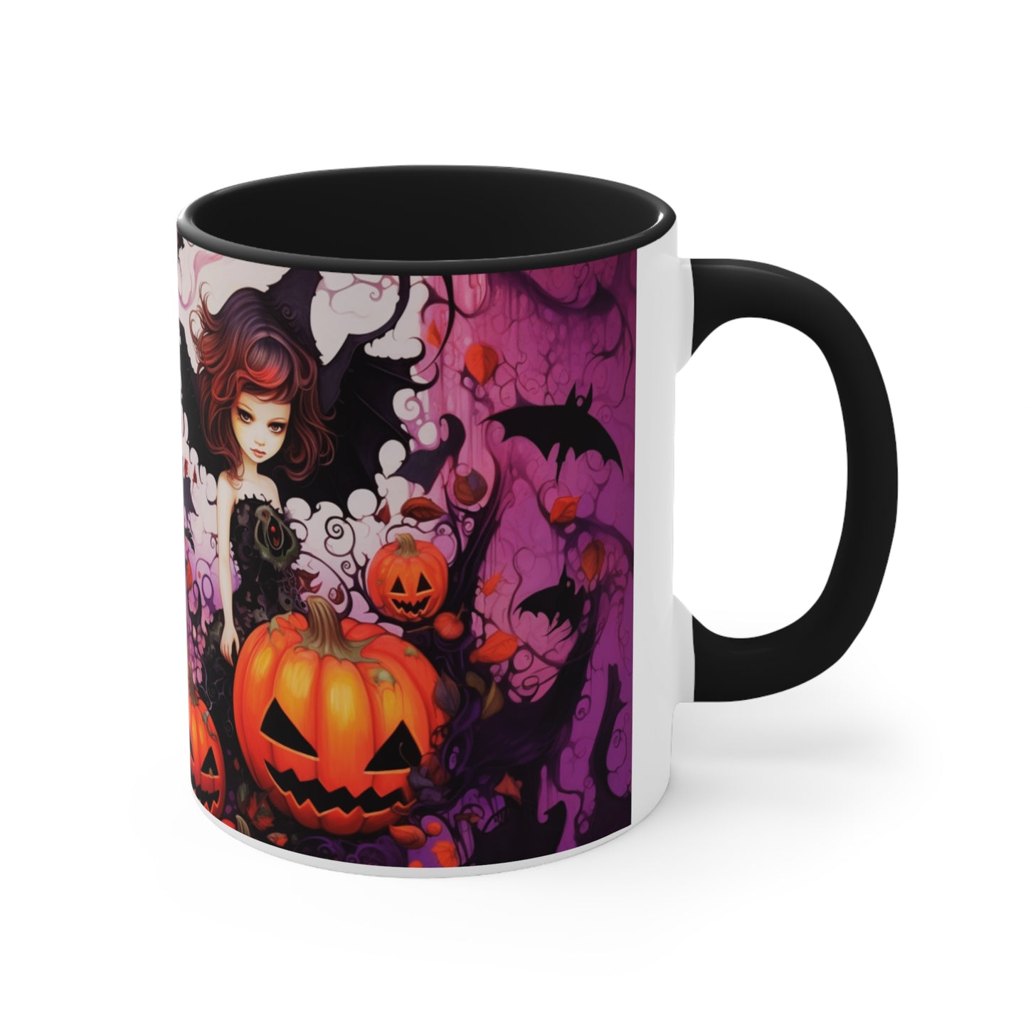 Bat girl with pumpkins and bats | Original Art| Accent Coffee Mug, 11oz