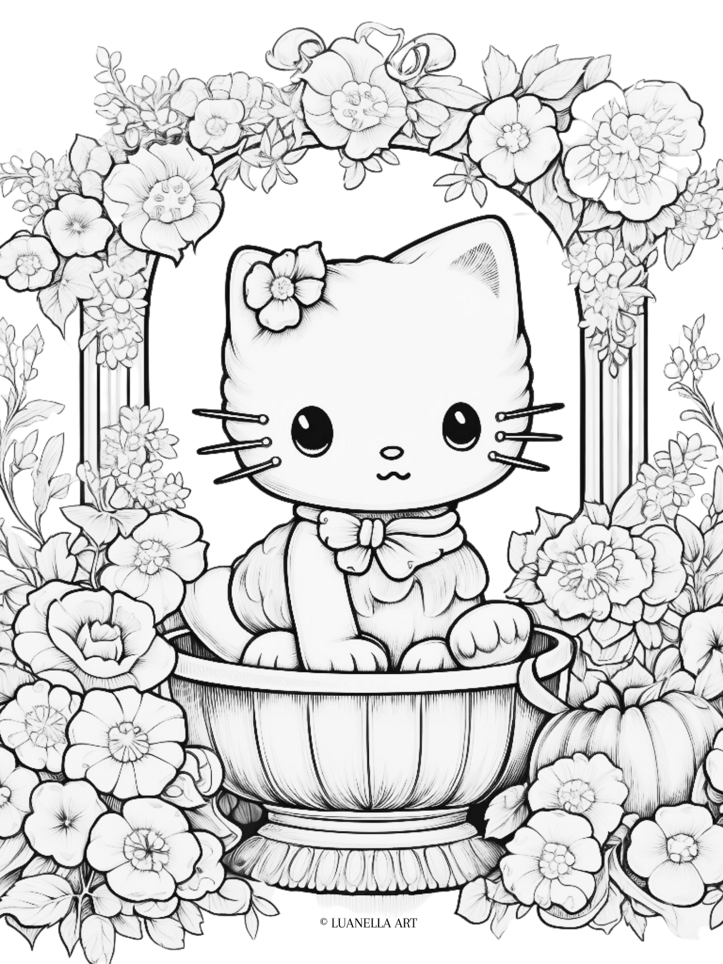 Sanrio character sitting in a bird bath, under a canopy of flowers | Coloring Page | Instant Digital Download