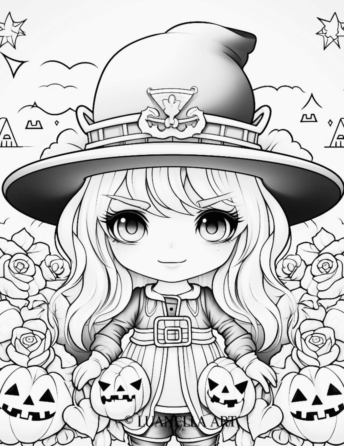 Cute Halloween Witchy Witch with carved pumpkins | Coloring Page | Instant Digital Download