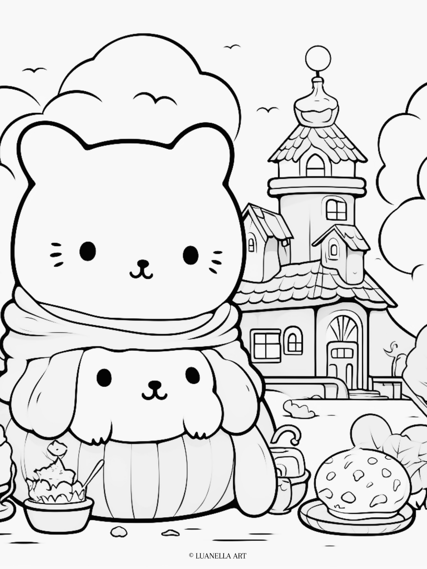 Squishmallow picnic with cottage in background | Coloring Page | Instant Digital Download