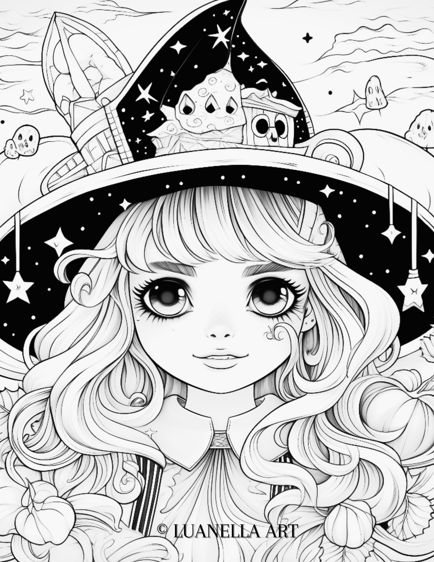 Cute Witch with original hat | Coloring Page | Instant Digital Download