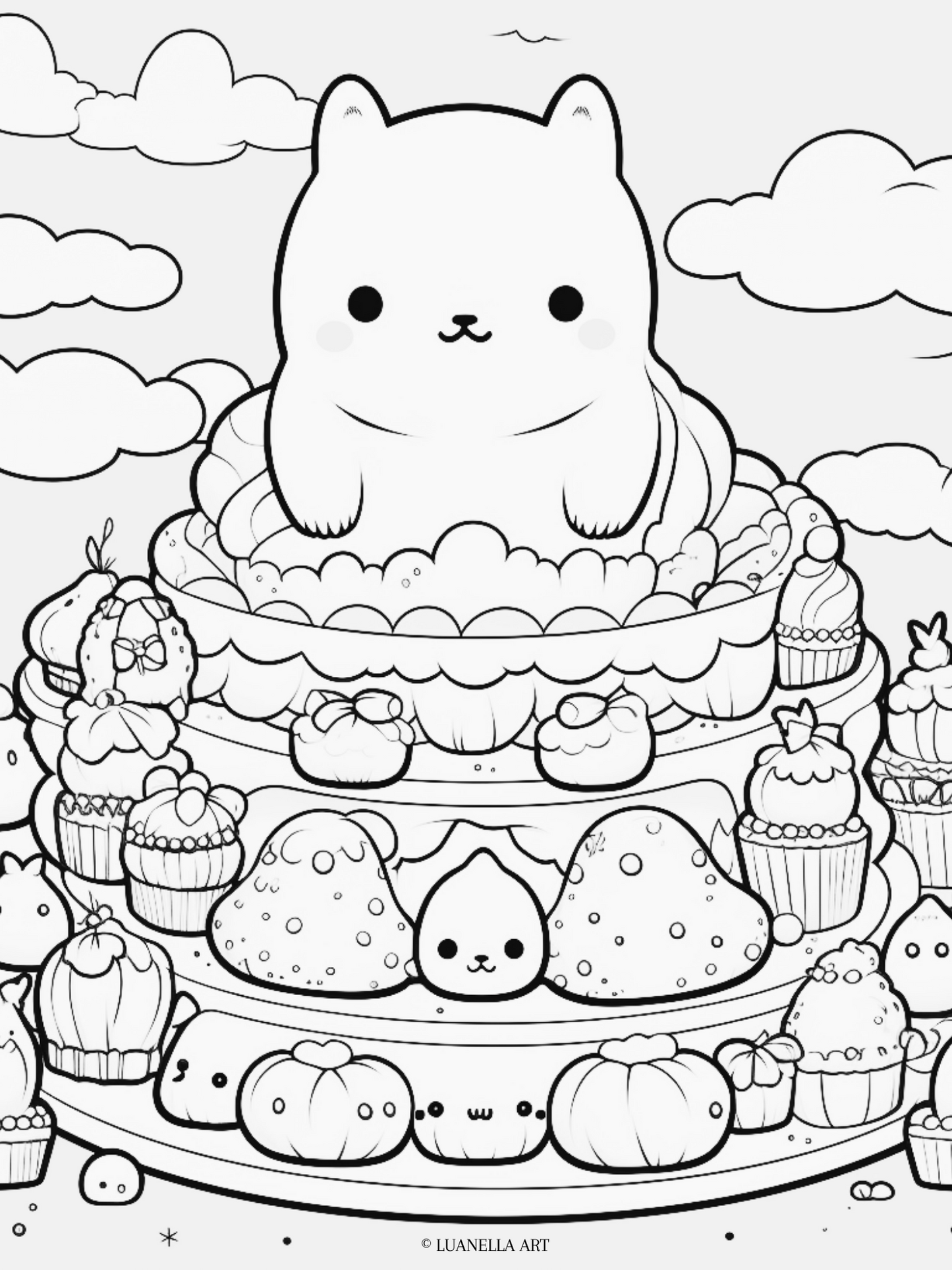 Squishmallow on cake with cloud background | Coloring Page | Instant Digital Download