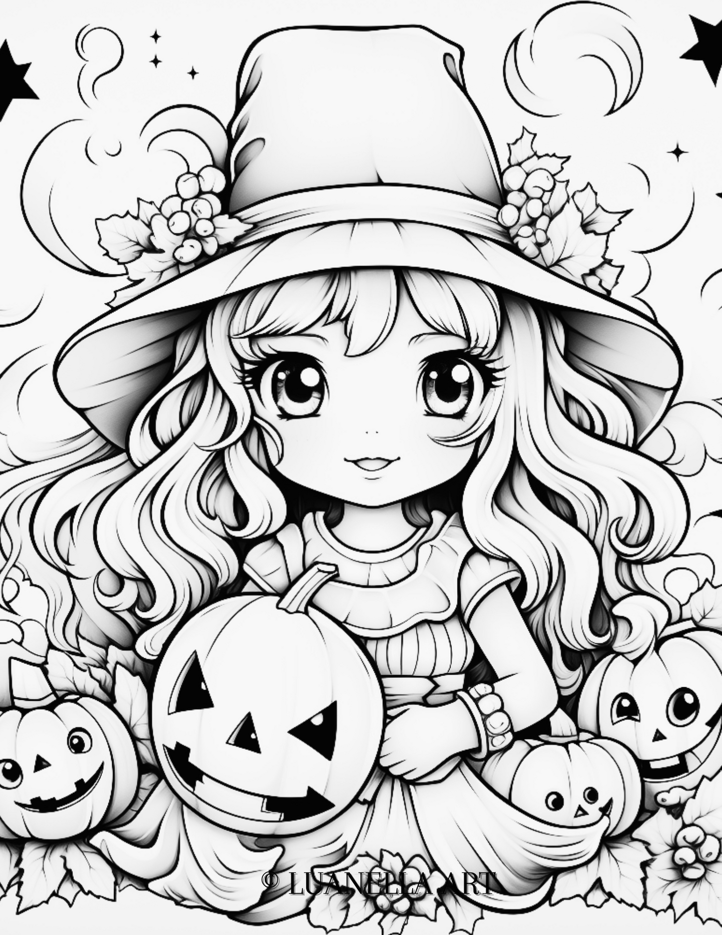 Cutie Patootie Witchy Witch with carved pumpkins | Coloring Page | Instant Digital Download