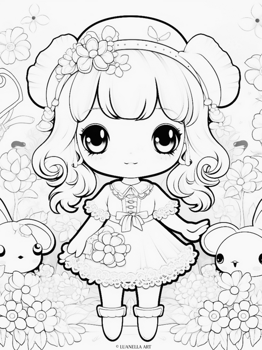 Cute My Melody and bunny friends surrounded by flowers | Coloring Page | Instant Digital Download