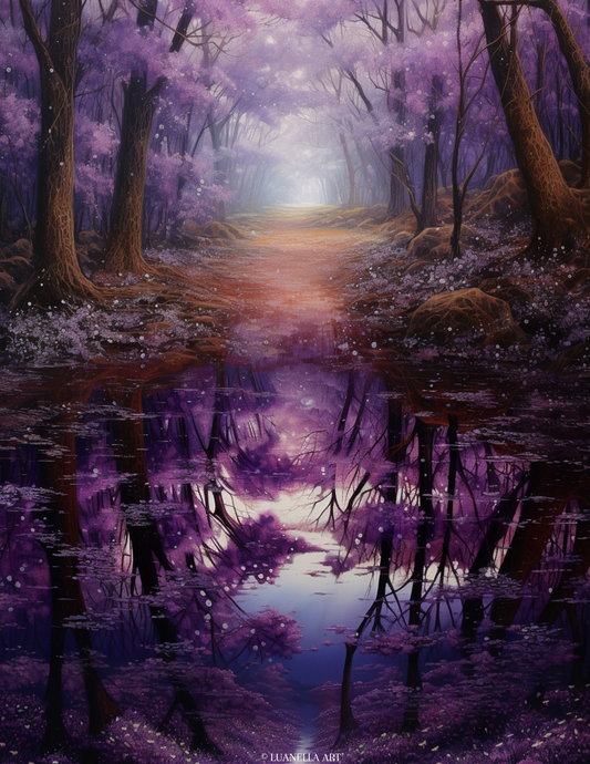 Purple Trees reflected in lake | Art Print | Instant Digital Download