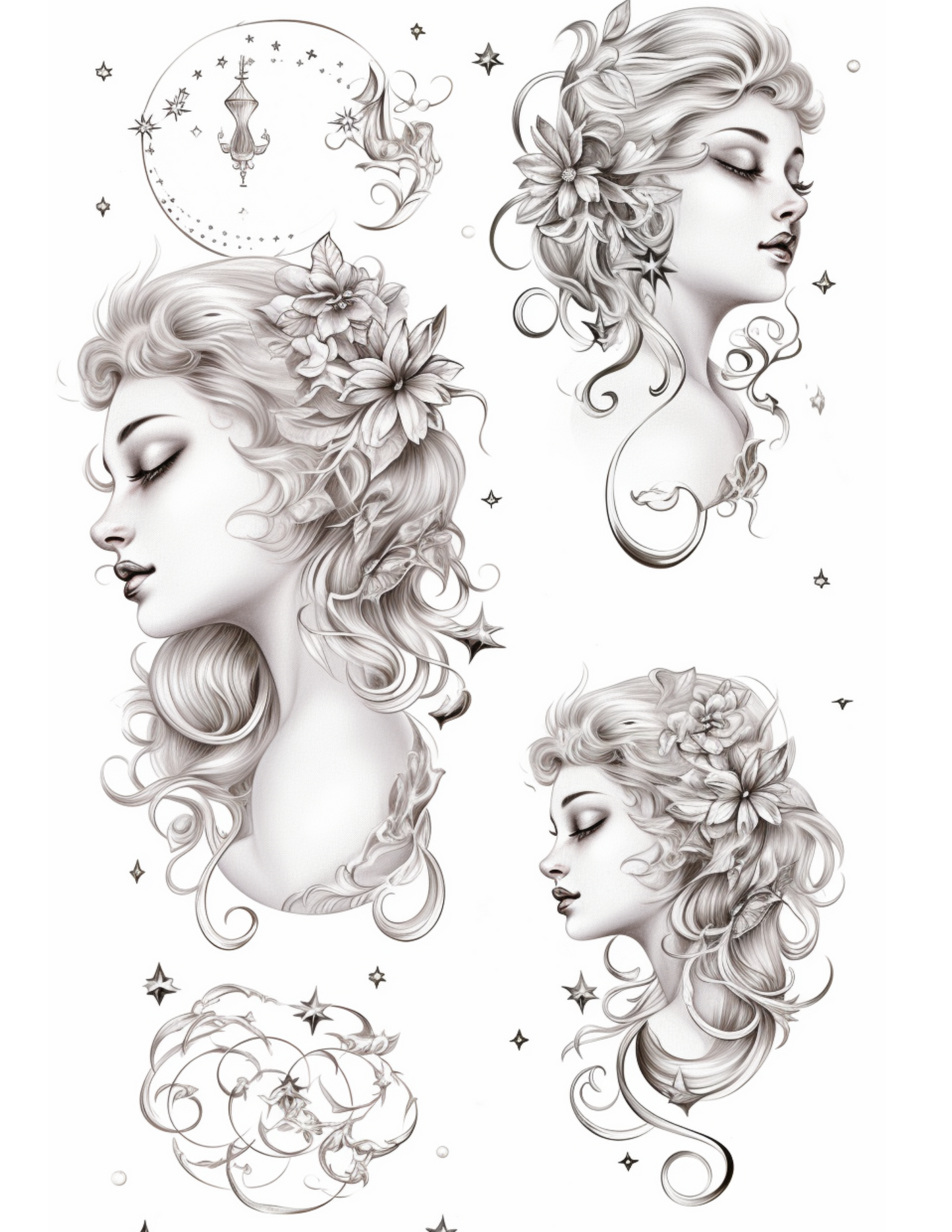 Girl with flowers in hair and other dreamy tattoo styles |Tattoo Aesthetic | Instant download PNG