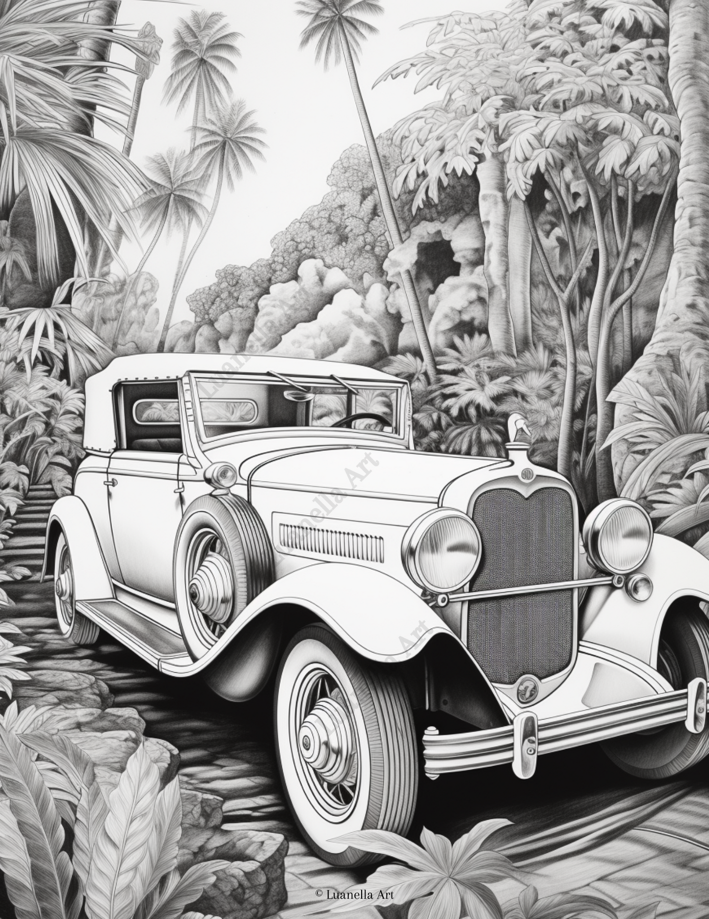 Car in jungle coloring page | Car Aesthetic | Instant download PNG