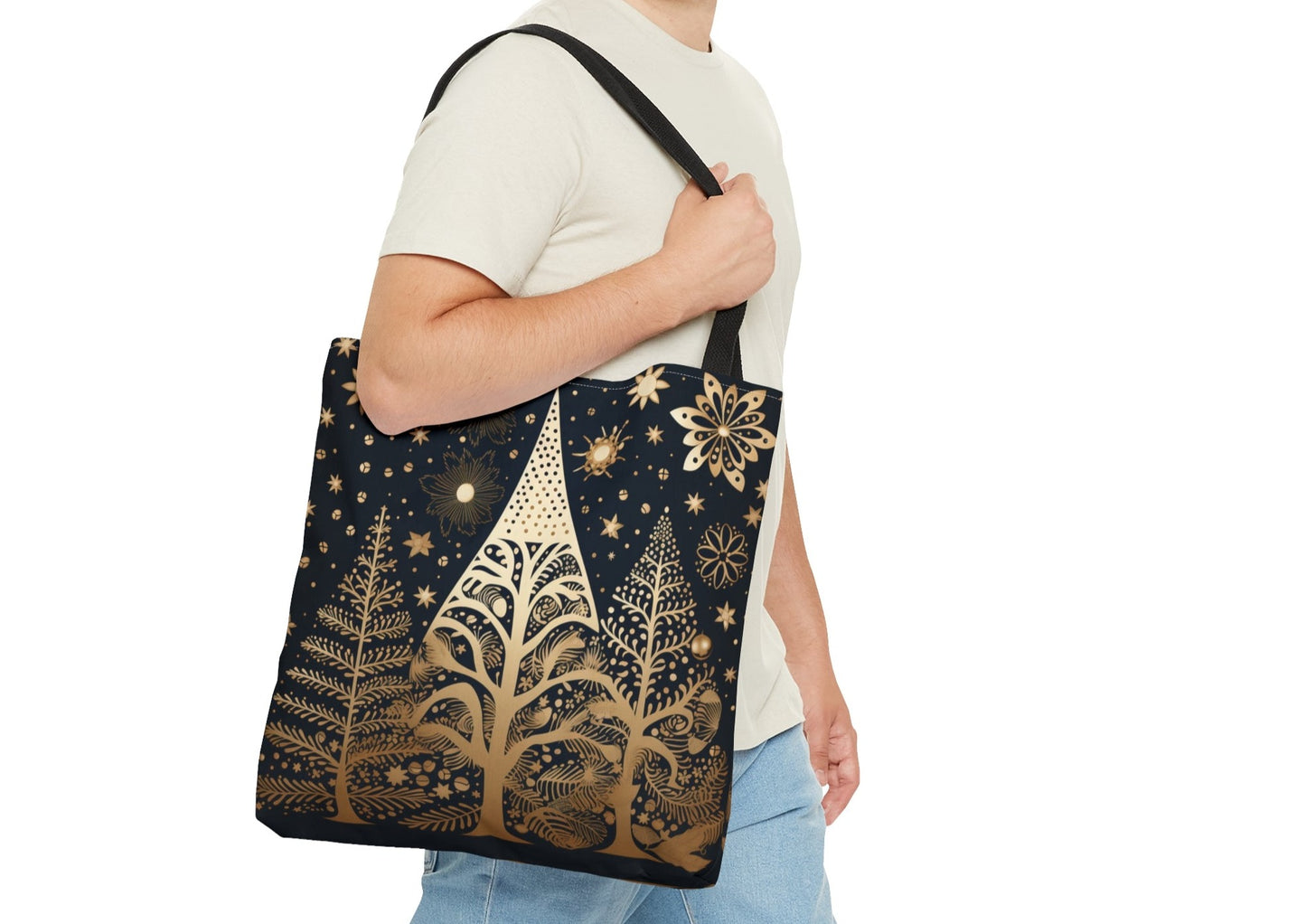 Gold trees and snowflakes on black background | Original Artwork |  Tote Bag printed on both sides