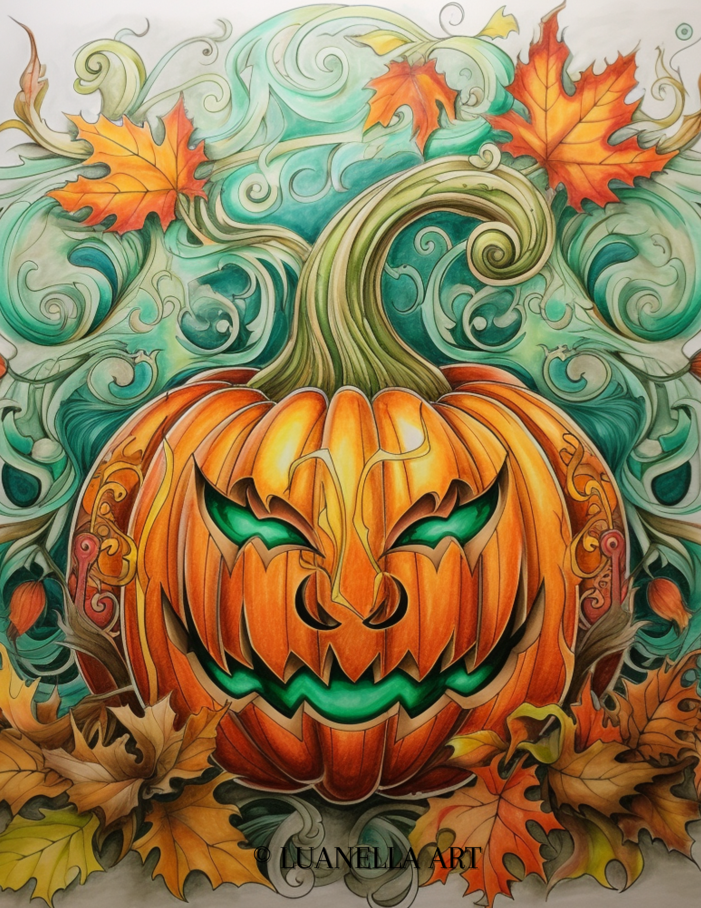 Pumpkin Carving  surrounded by leaves | Coloring page Instant Digital Download