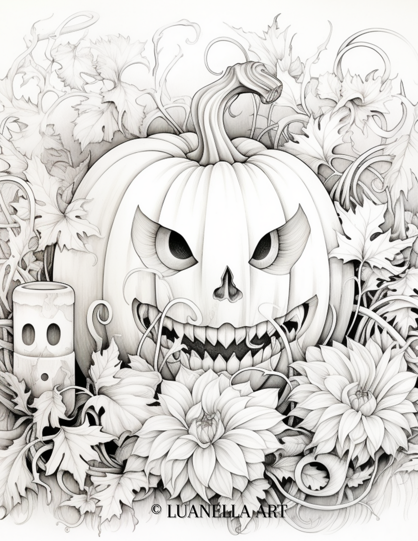 Carved Pumpkin with flowers and leaves in pumpkin patch | Coloring Page | Instant Digital Download | PDF, US Letter Size