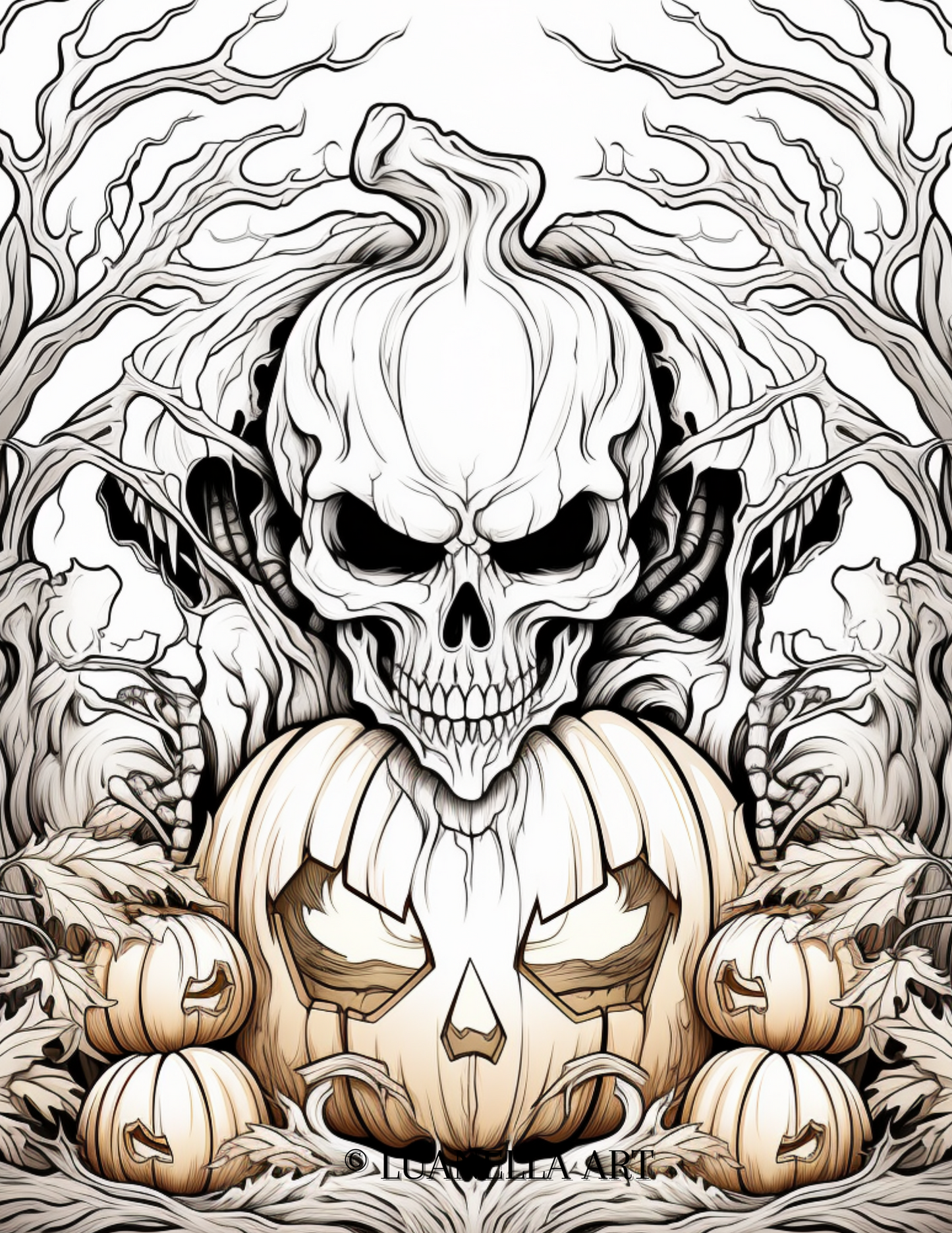 Carved Pumpkin and Skull | Coloring Page | Instant Digital Download