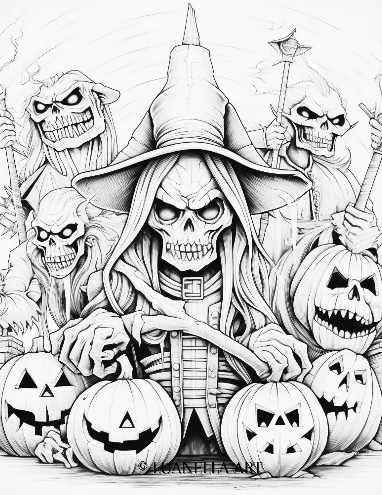 Skeleton, Ghosts, goblin Halloween Pumpkin | Coloring Page | PNG