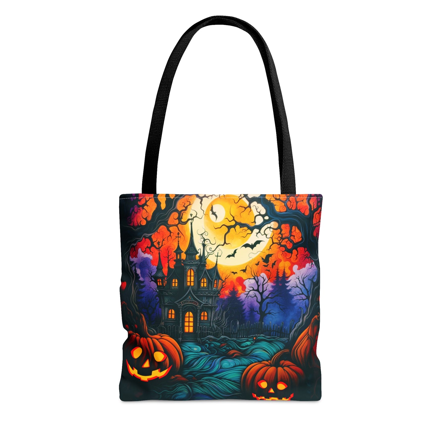 Halloween Haunted House and pumpkins | Original Art |Tote Bag | All over print, 2 sided