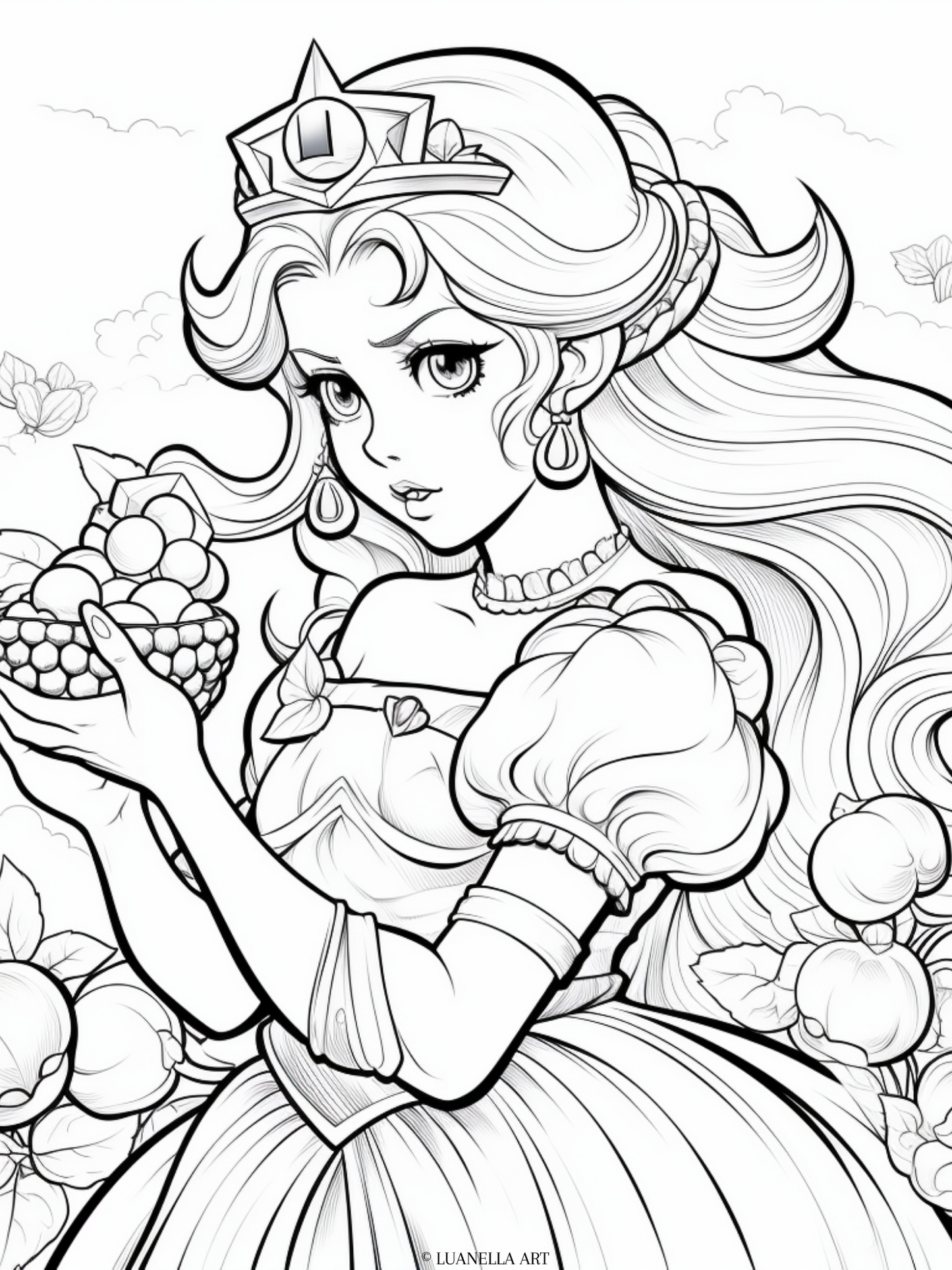 Princess Peach carrying bowl of fruit | Coloring Page | Instant Digital Download