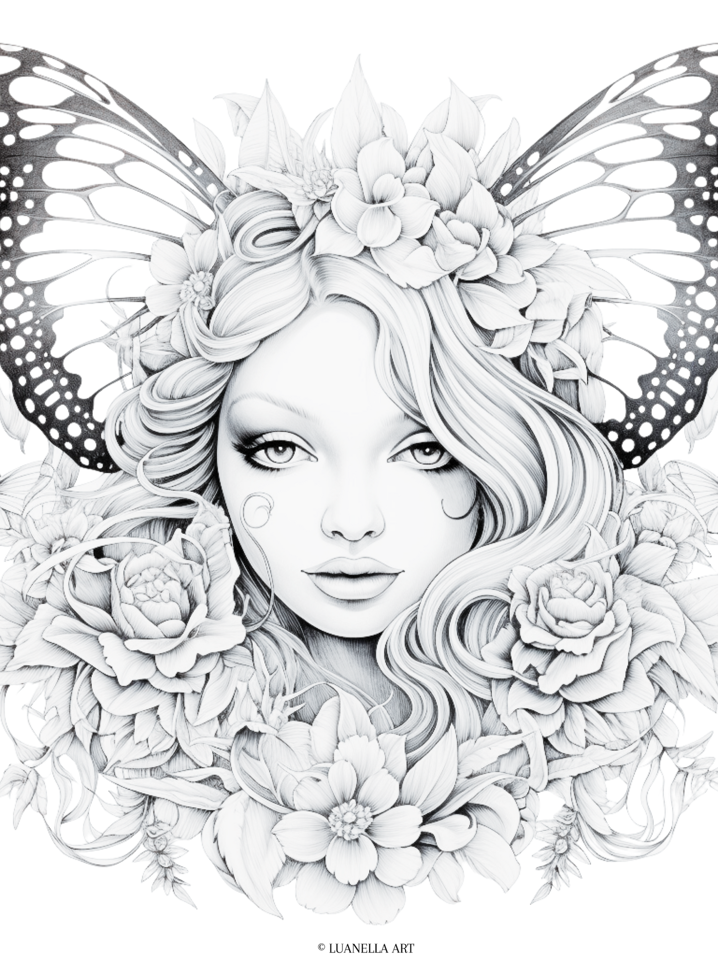 Girl with butterfly wings and flowers | Coloring Page | Instant Digital Download