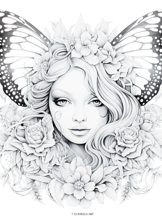 Girl with butterfly wings and flowers | Coloring Page | Instant Digital Download