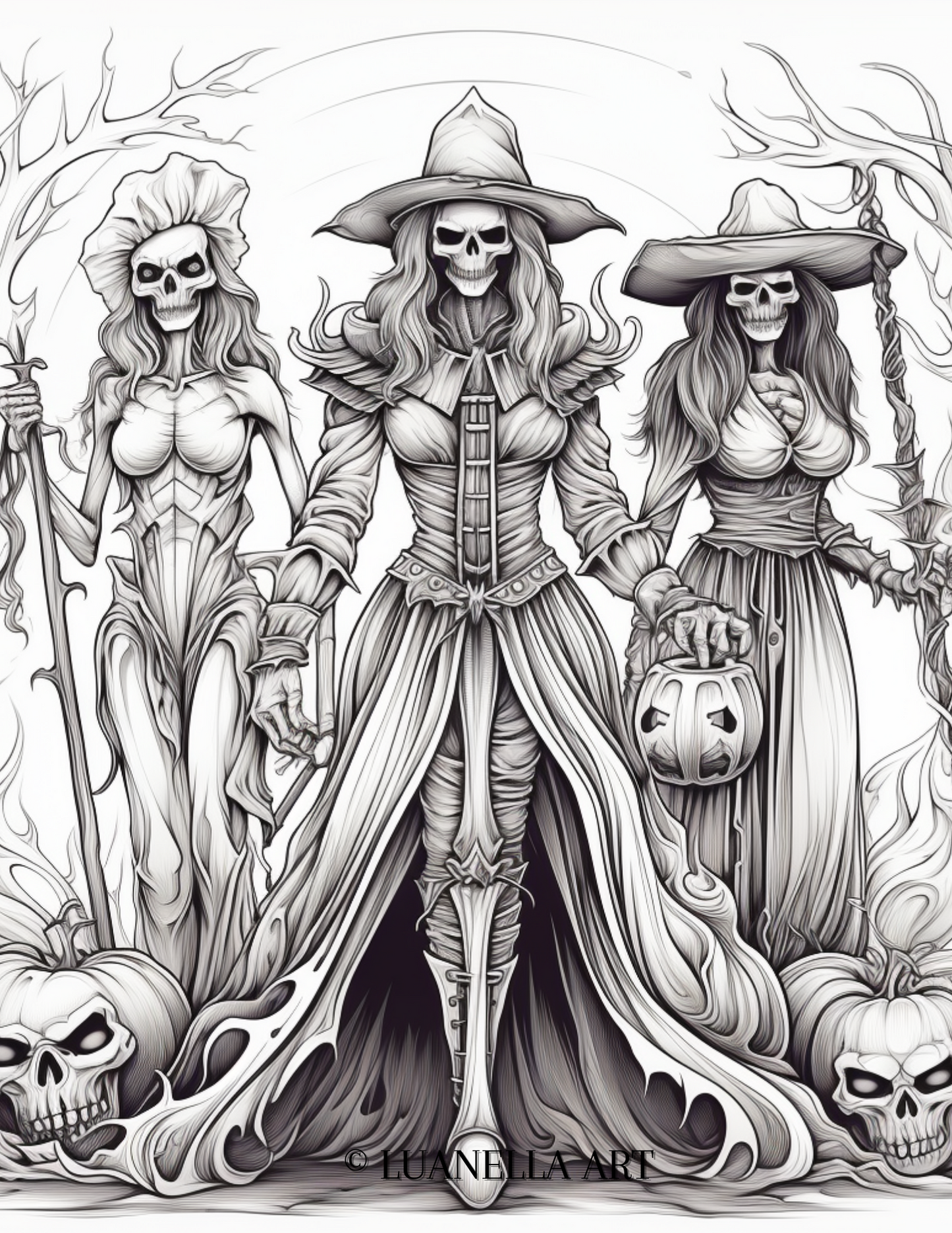 Scary Skeleton Witchy Witches | Coloring Page | Instant Digital Download