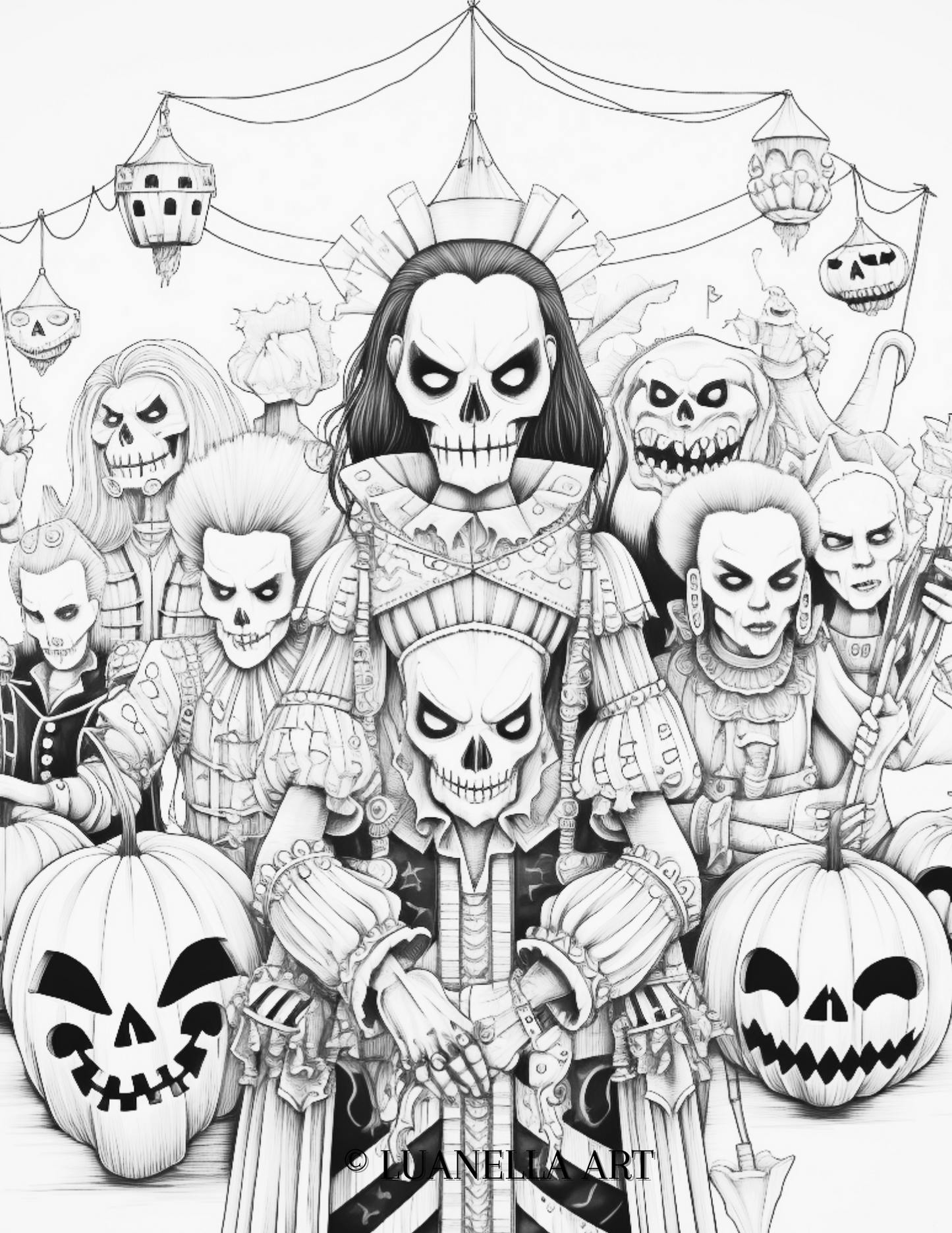 Scary Halloween characters with carved pumpkins | Coloring Page | Instant Digital Download