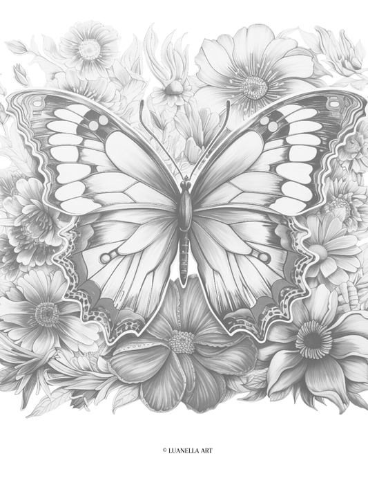 Butterfly with flowers background coloring Page | Instant Digital Download