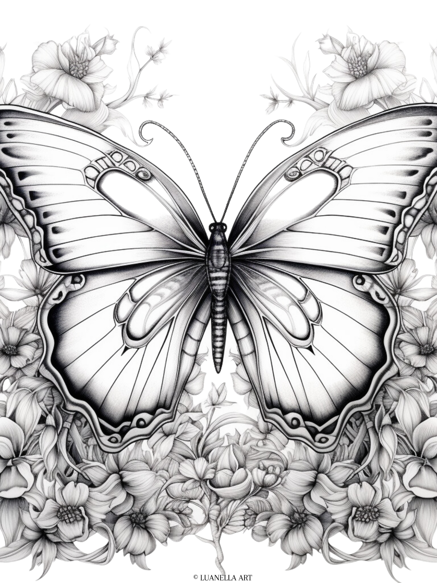 Intricate Butterfly with flower background | Coloring Page | Instant Digital Download