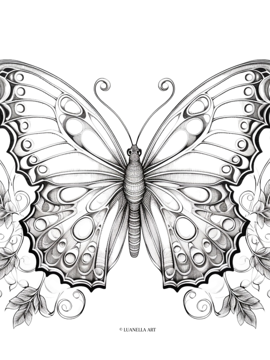 Butterfly with vine leaf background | Coloring Page | Instant Digital Download