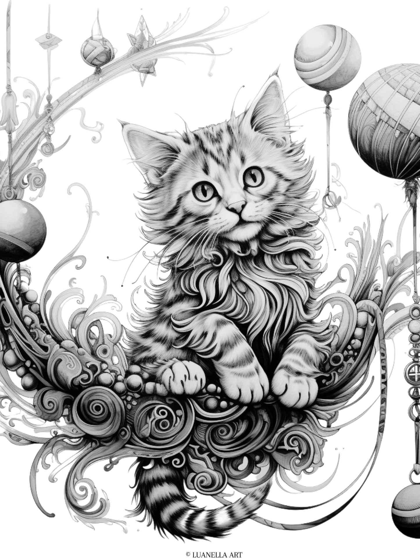 Cat on decorative swing with balls | Coloring Page | Instant Digital Download