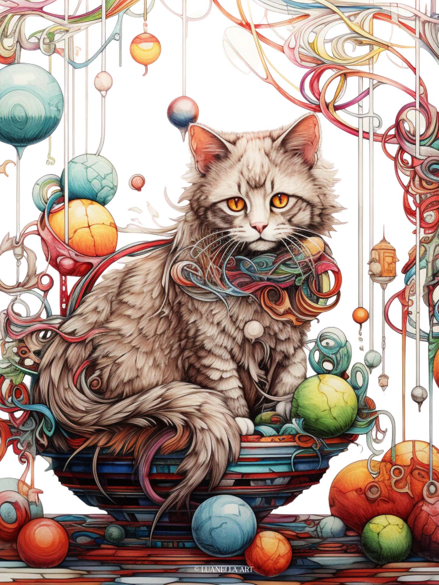 Cute Cat sitting in basket, surrounded by crystal yarn balls | Art Print | Digital Download