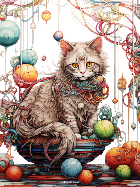 Cute Cat sitting in basket, surrounded by crystal yarn balls | Art Print | Digital Download