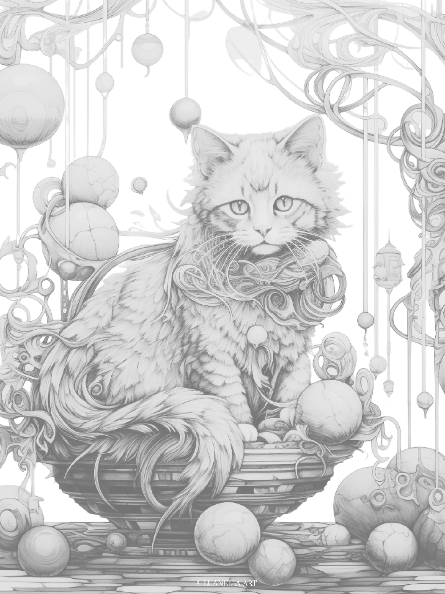 Cat sitting in basket, surrounded by crystal yarn balls | Coloring Page | Digital Download