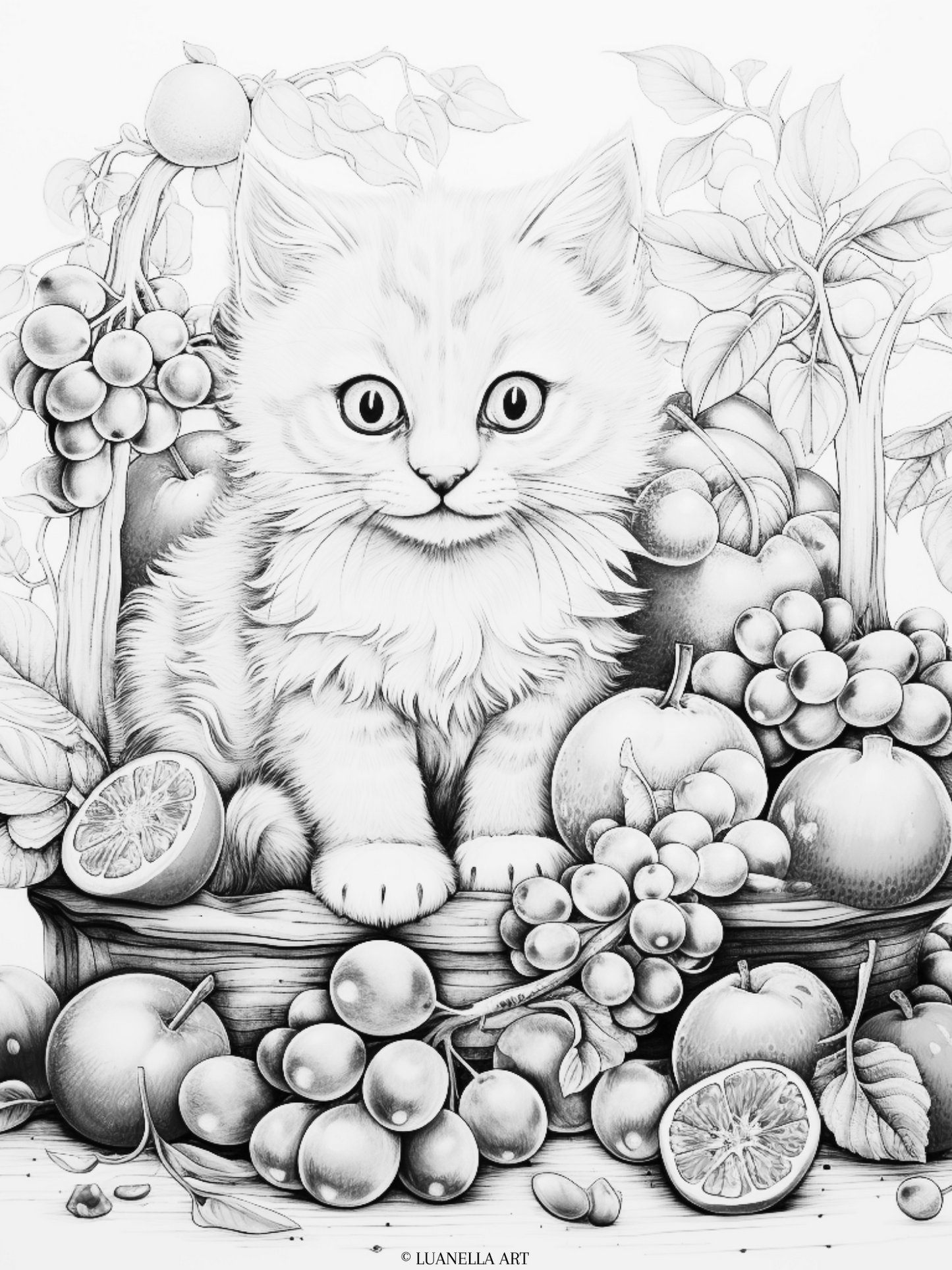 Cute Kitty Cat sitting in fruit bowl | Coloring Page | Instant Digital Download