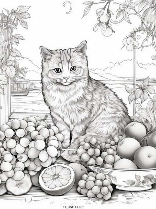 Cat sitting in window, surrounded by fruit | Coloring Page | Instant Digital Download