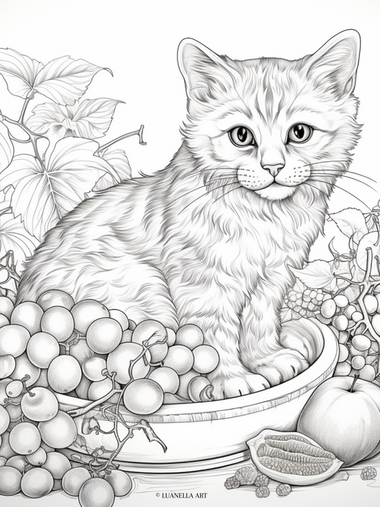 Curious Cat sitting in fruit bowl surrounded by grapes and plant | Coloring Page | Instant Digital Download