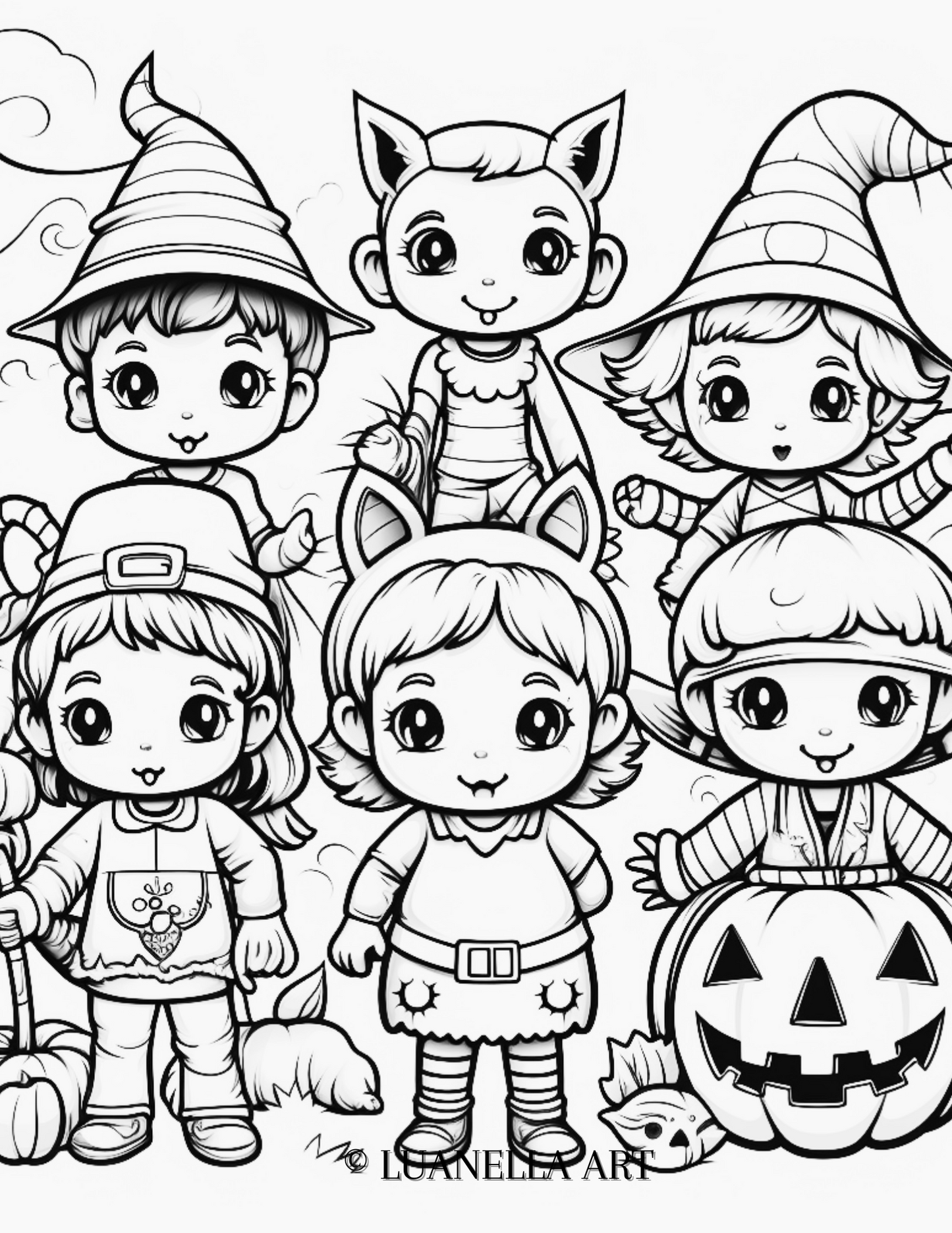 Kids ready for Trick of Treat Halloween scene | Coloring Page | Instant Digital Download