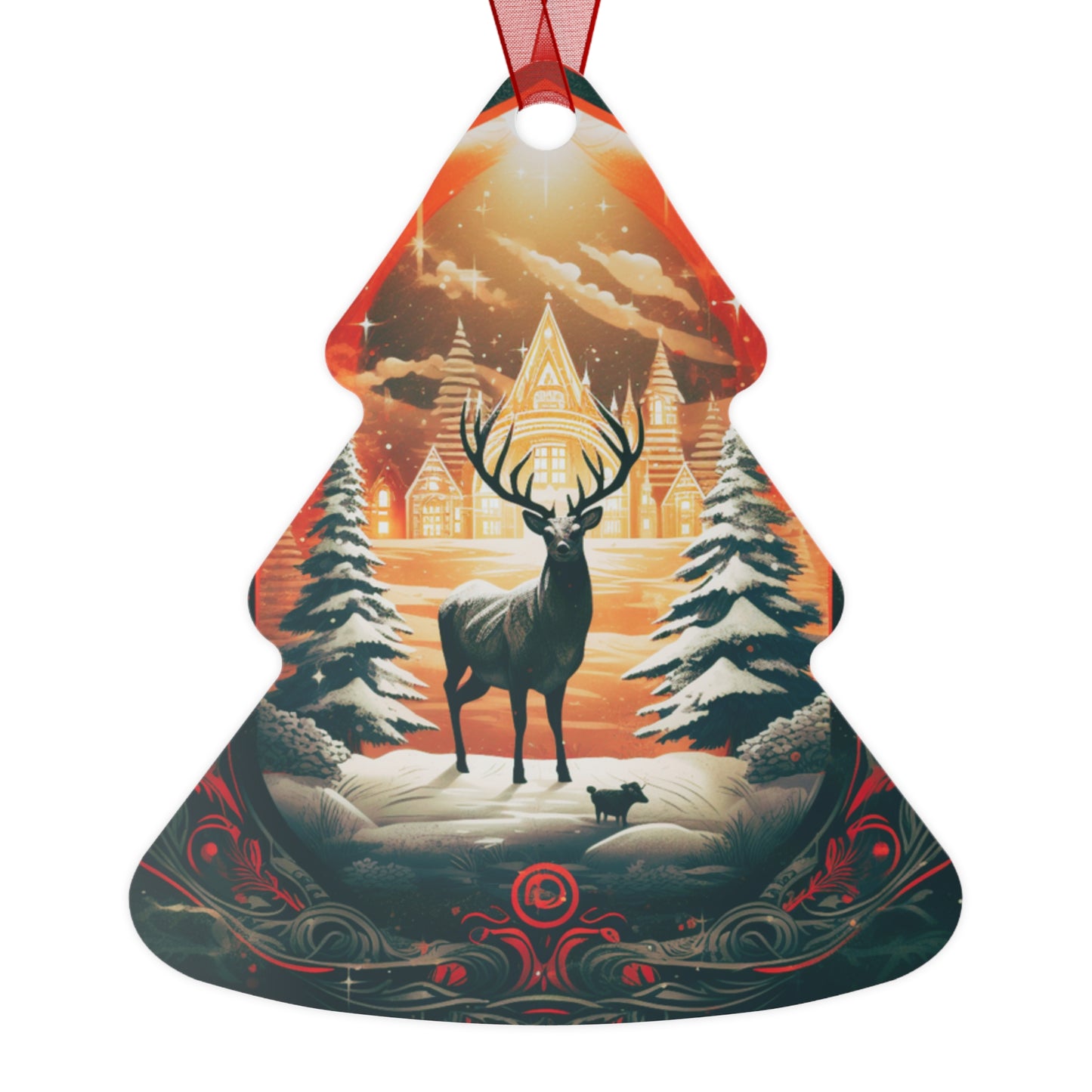 Reindeer in the Forest | Christmas Tree Ornament | Aluminum | ( Available in 4 shapes - Bell, Tree, Round and Oval)