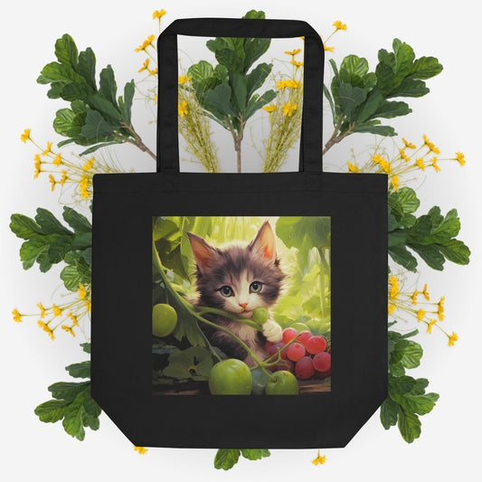 Eco Tote Bag | Kitten surrounded by nature and grapes | Original Artwork
